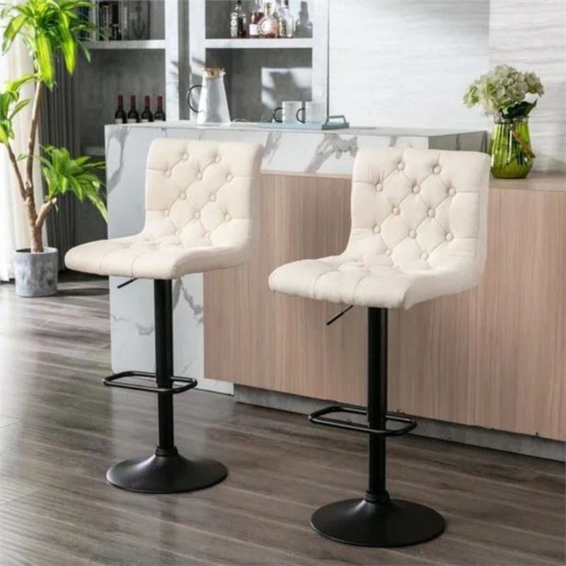 Tabouret de bar pivotant réglable en tissu blanc avec dossier