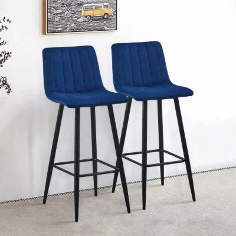 2 tabourets de bar en tissu de velours bleu avec dossiers