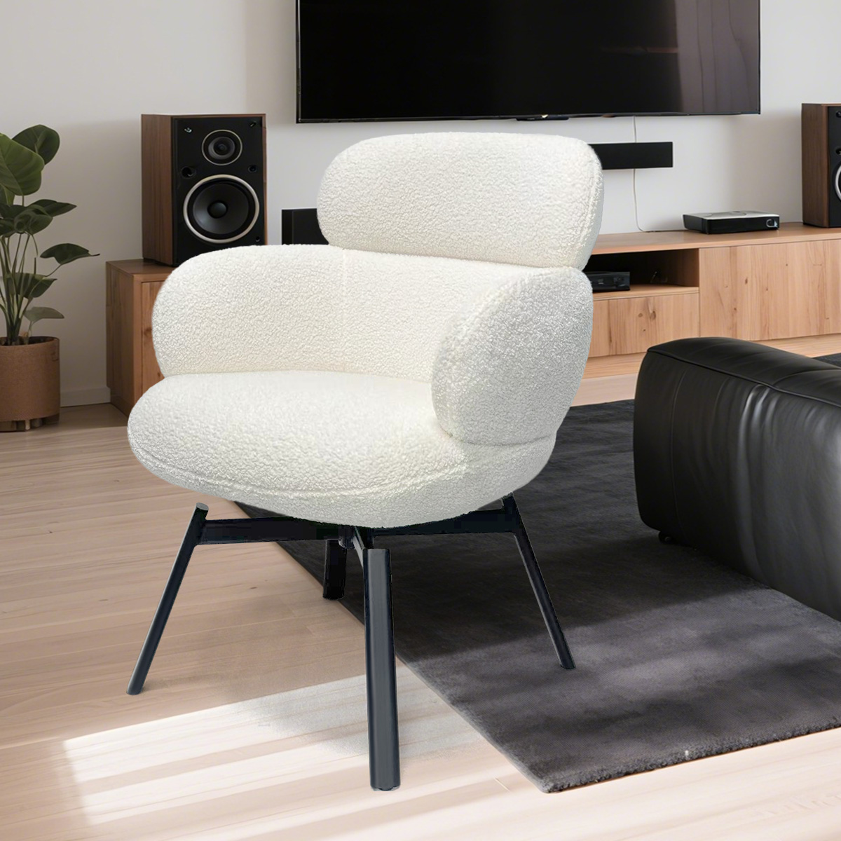 Chaise salon pivotante en tissu bouclé blanc moderne / peluche avec un siège extra-large et des jambes en métal