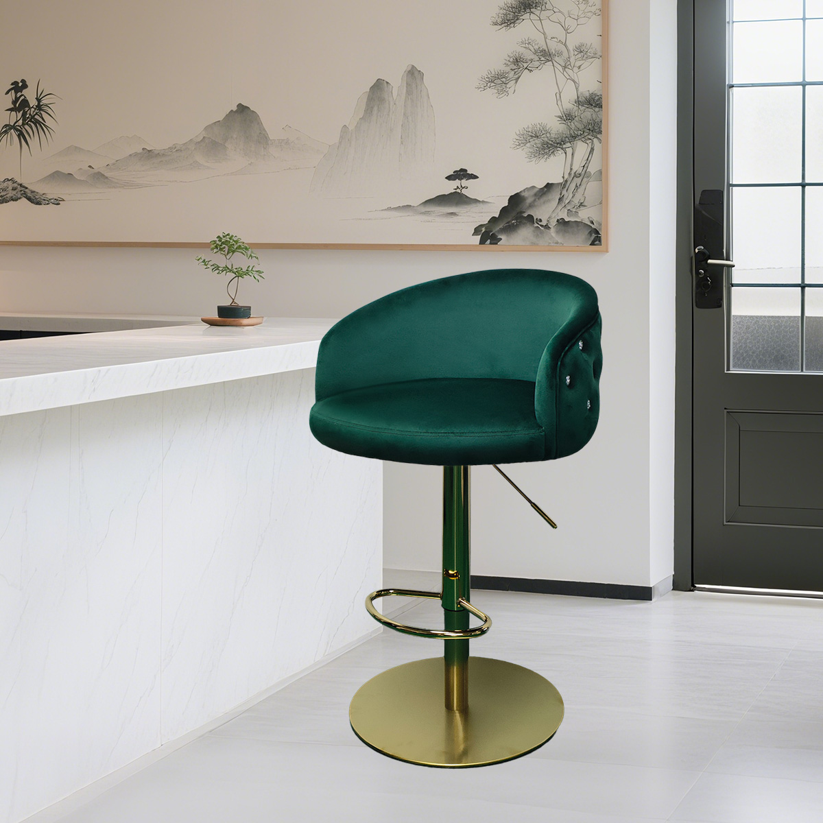 Tabouret de bar réglable en velours vert moderne avec dossier tufté et base d'or