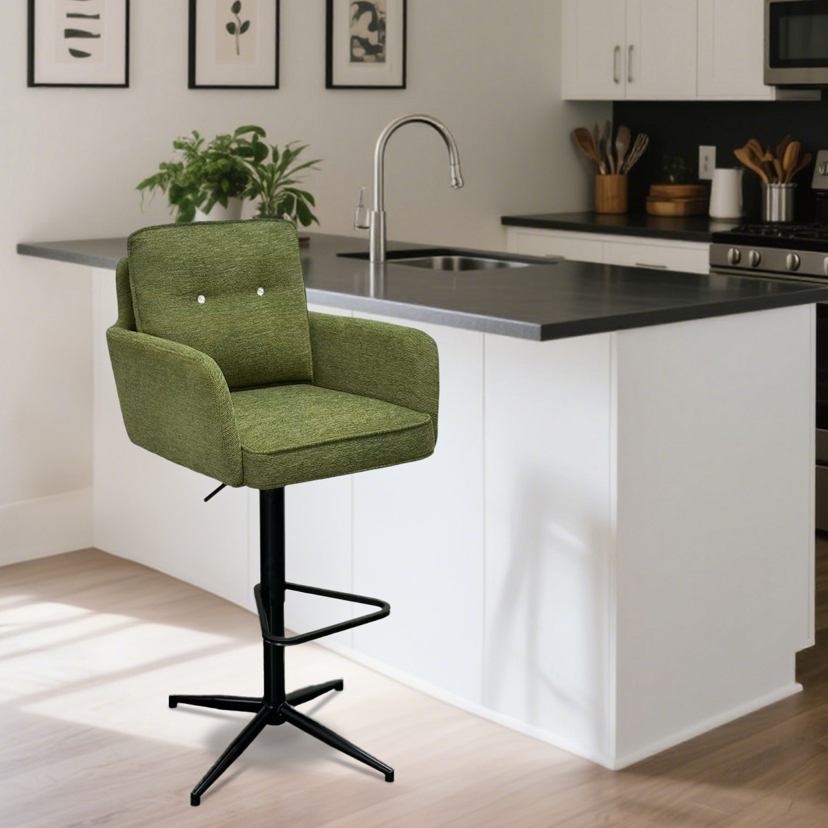 Tabouret de barre de pivot réglable en tissu vert moderne avec retour automatique et base métallique