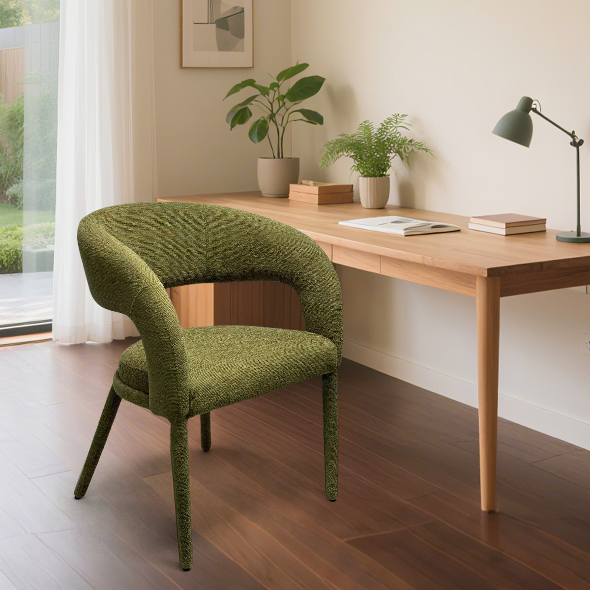 Chaise de salle à manger rembourrée bouclé avec accoudoirs - Chaise d'accent en tissu vert forêt