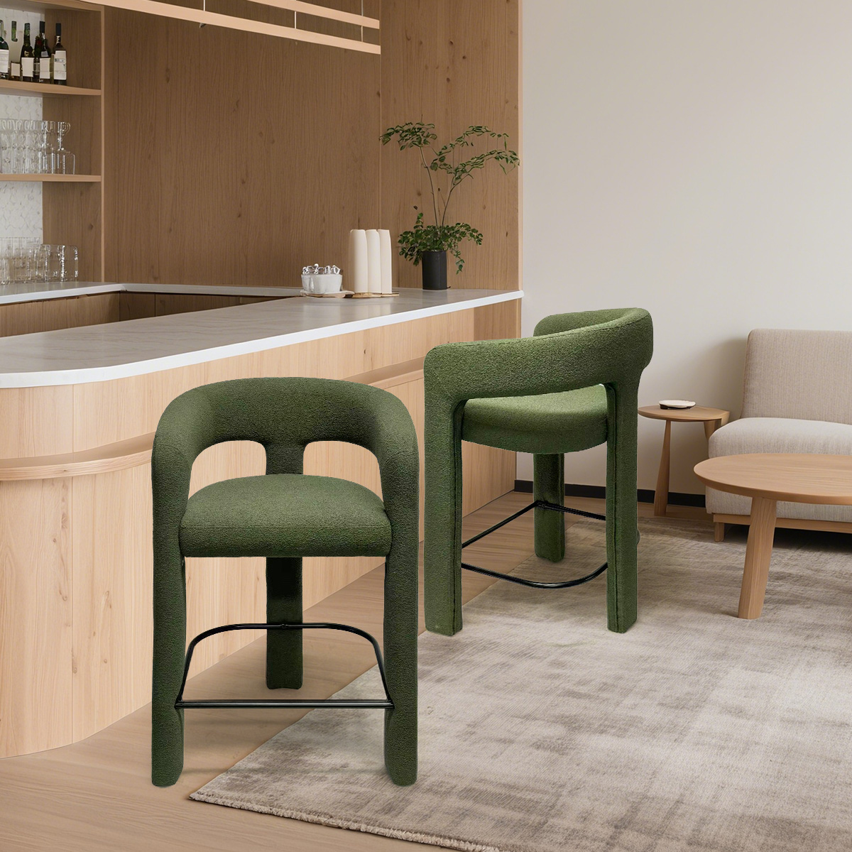 Tabouret de comptoir rembourré en tissu jacquard moderne / sherpa en peluche avec repose-pieds - chaise de barre verte forêt