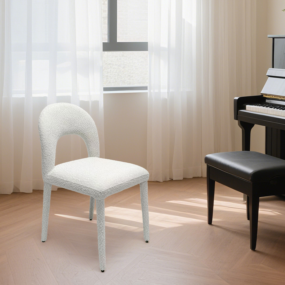 Chaise de salle à manger sans bras rembourrée bouclé moderne avec dos creux incurvé - blanc