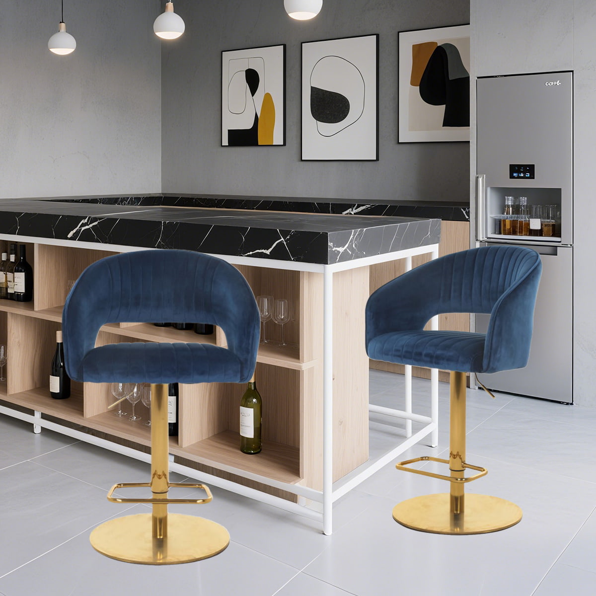 Tabouret de barre pivotant réglable en velours de la marine courbe avec dos creux et base d'or