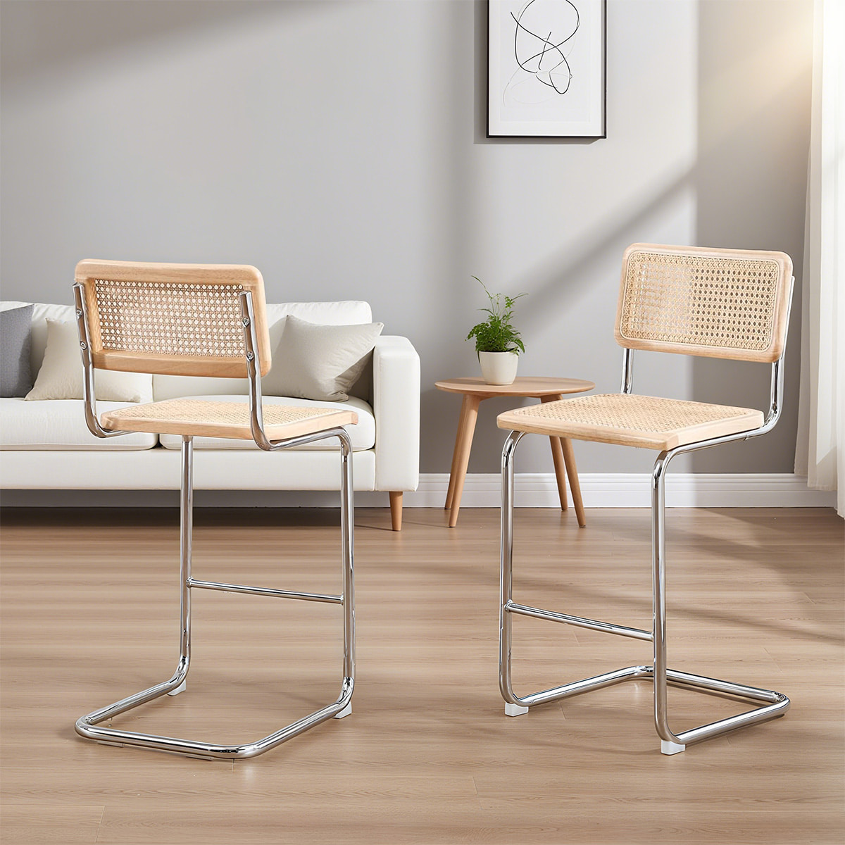 Tabouret de comptoir en porte-rotin de rotin moderne du milieu du siècle - dos et siège de canne naturelle avec cadre en métal chromé