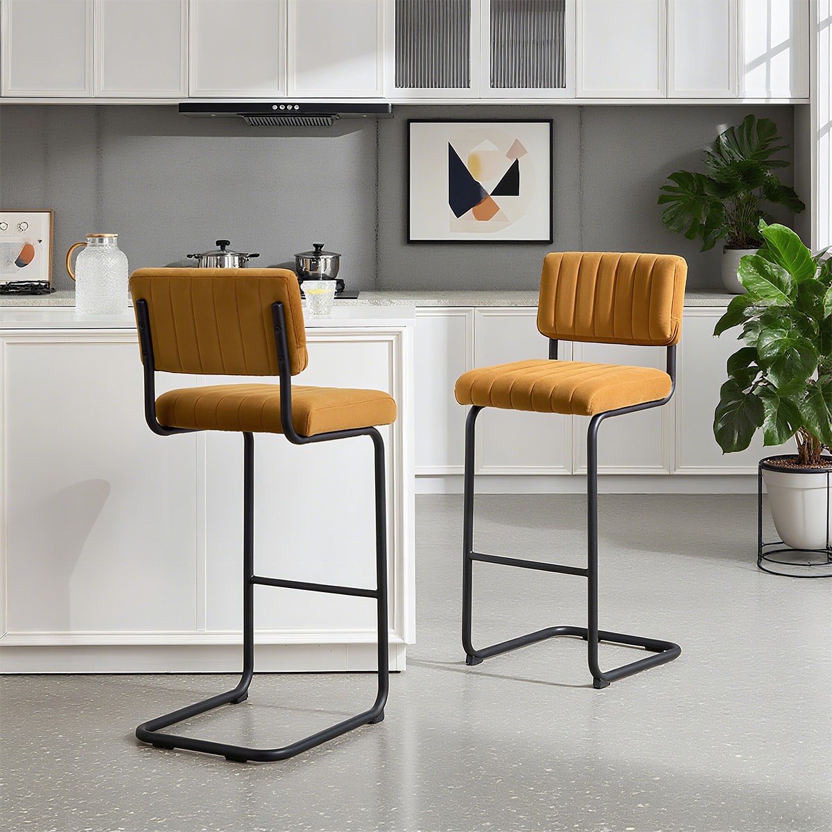 Tabouret de bar en porte-à-faux en velours moderne du milieu du siècle - siège rembourré tufté avec dossier et cadre en métal noir mat
