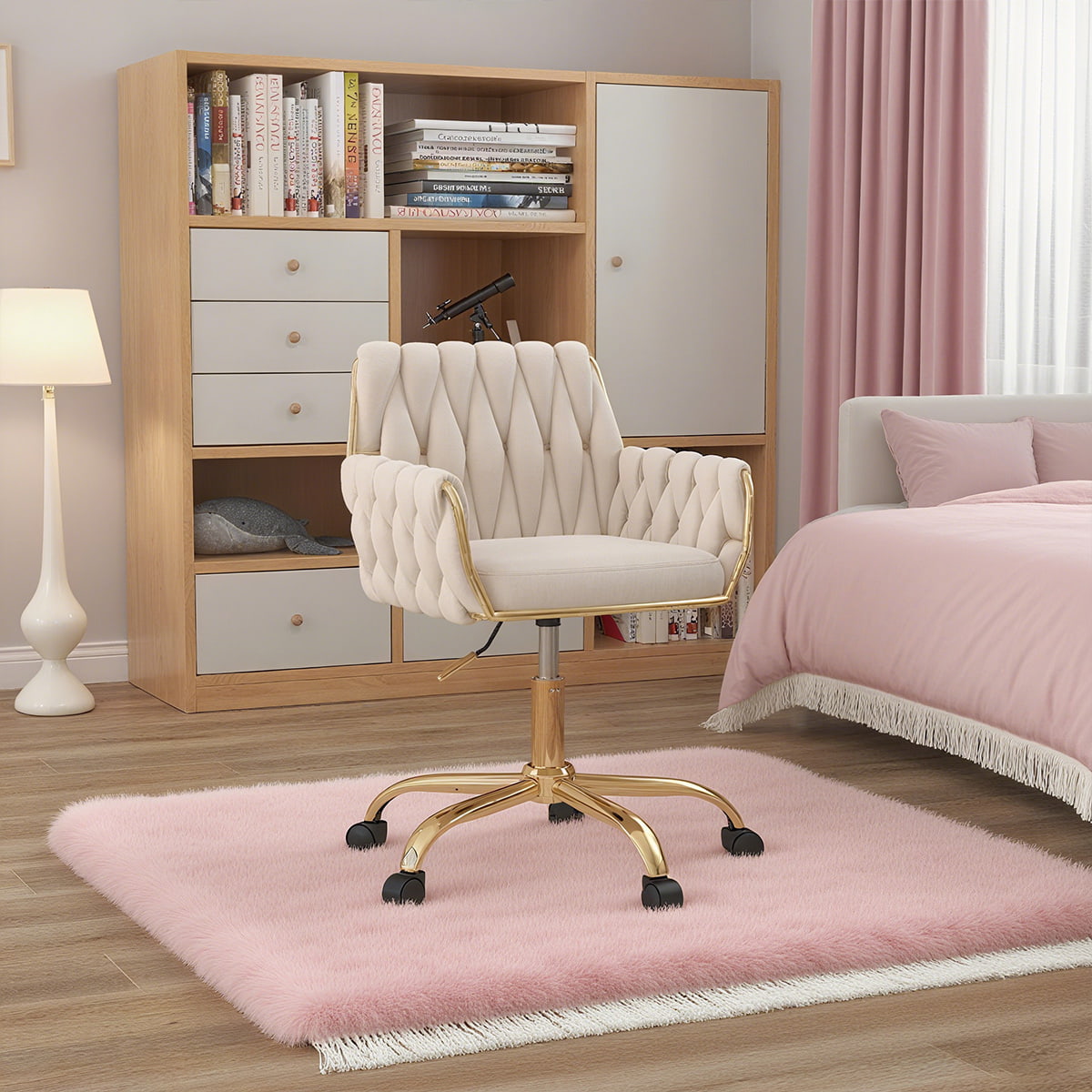 Chaise de bureau à domicile en velours beige - chaise de vanité réglable moderne avec base dorée, dossier et accoudoir tissé à la main, chaise de bureau à roulettes pivotant à 360 °